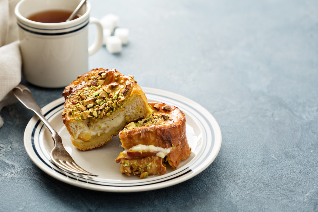 French toast with cream cheese and pistachios