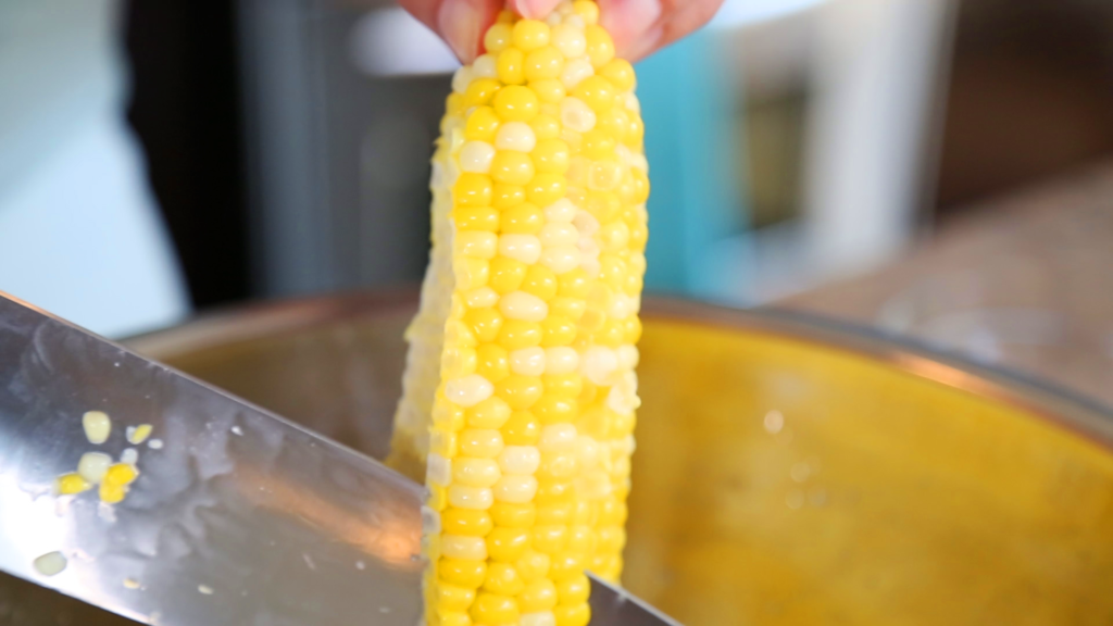 To easily remove kernels, invert small bowl in larger bowl and balance corn cob on that. 